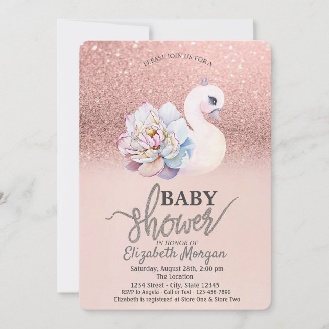 Rose Gold Bokeh, Swan Floral Baby Dusche Einladung (Vorderseite)