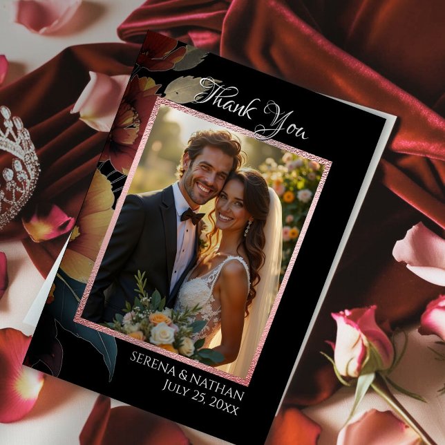 Rose Gold Border Wedding Foto Danke Karte (Send a personal note of gratitude with this modern floral flat wedding photo thank you card)