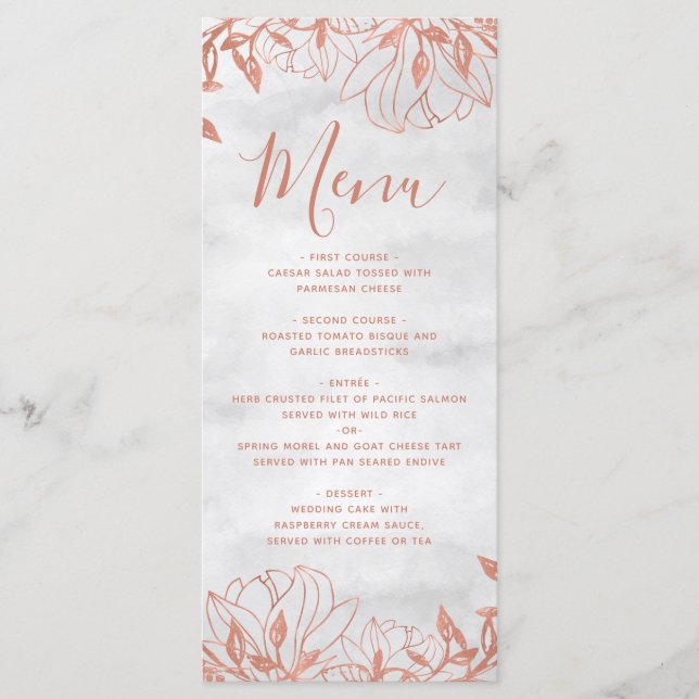 Rose Gold Botanical Floral Grey Menu Mariage (Devant)