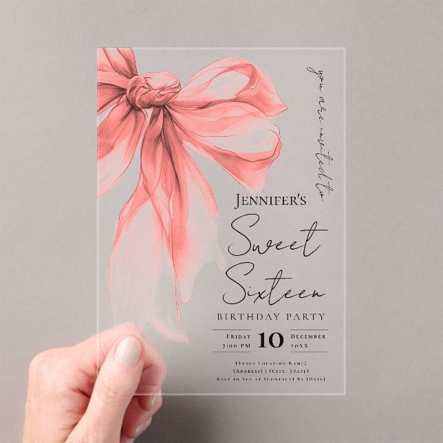 Rose Gold Bow Coquette Script Sweet 16 Party Acryleinladungen (Insitu (Handheld))