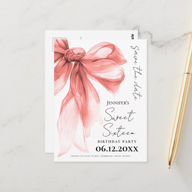 Rose Gold Bow Coquette Sweet 16 Save the Date  Postkarte (Vorderseite/Rückseite Beispiel)