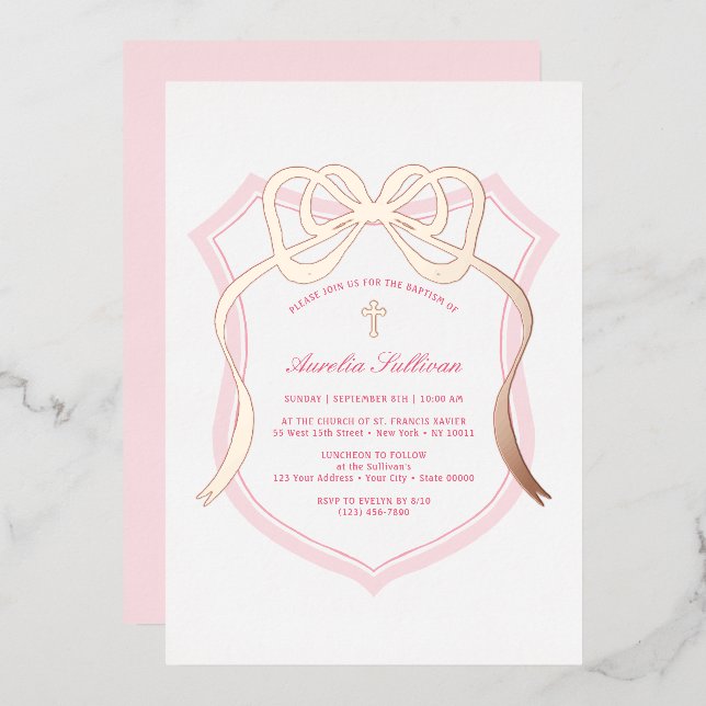 Rose Gold Bow Pink Wappen Taufe Folieneinladung (Vorderseite/Rückseite)