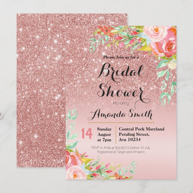 Rose Gold Bridal Dusche Einladung Floral (Vorne/Hinten)