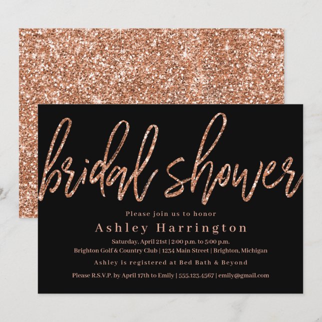 Rose Gold Bridal Dusche Einladung mit Glitzer (Vorne/Hinten)