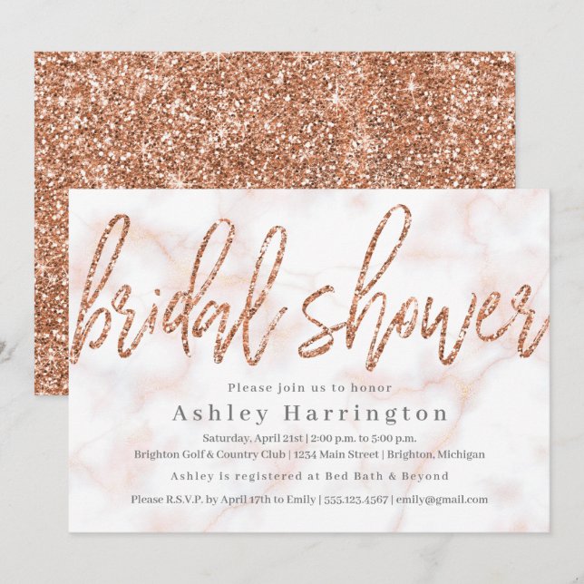 Rose Gold Bridal Dusche Einladung mit Glitzer (Vorne/Hinten)