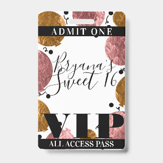 Rose Gold Bronze Balloons Sweet 16 Party VIP Pass Ausweis