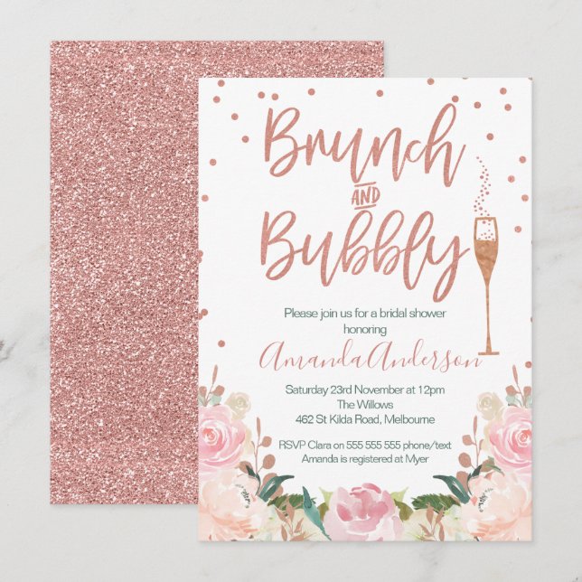 Rose Gold Brunch Bubbly Bridal Dusche Einladungen (Vorne/Hinten)