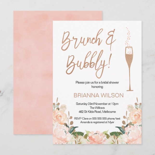 Rose Gold Brunch Bubbly Bridal Shower Invitation (Devant / Derrière)