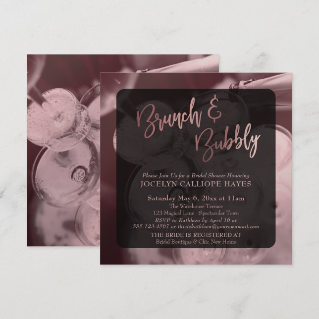 Rose Gold Brunch & Bubbly Champagner Foto Einladung (Vorne/Hinten)