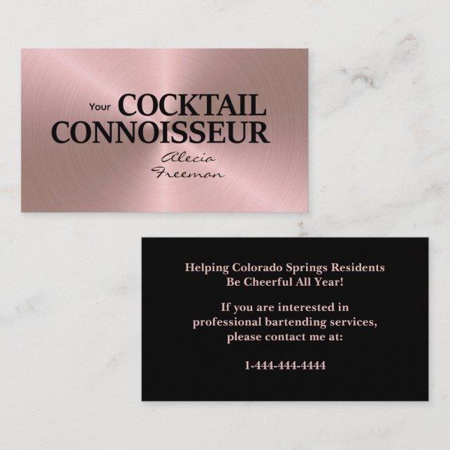 Rose Gold Brushed Event Bartender Business Card Visitenkarte (Vorne/Hinten)