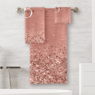 Rose Gold Brushed Metal Glitzer Monogram Name Badhandtuch Set