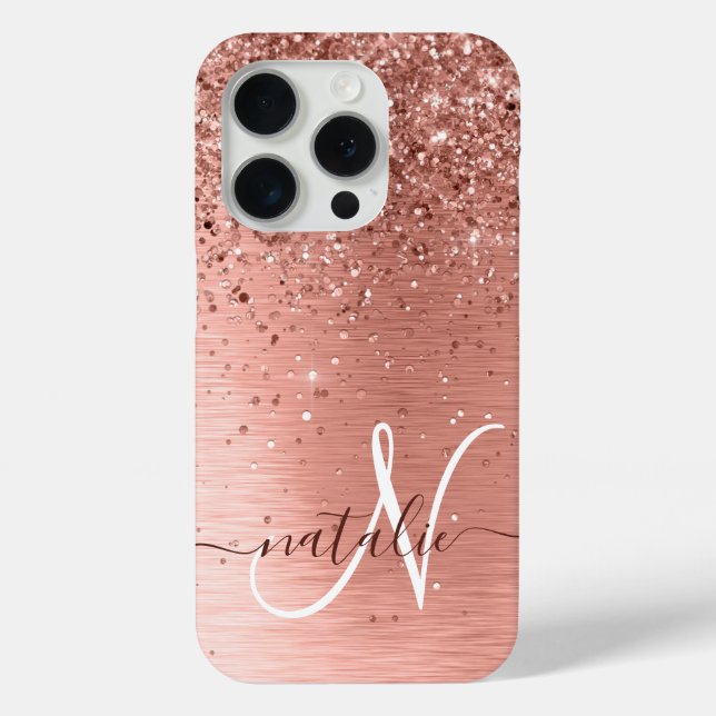 Rose Gold Brushed Metal Glitzer Monogram Name Case-Mate iPhone Hülle (Rückseite)
