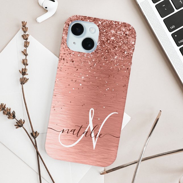 Rose Gold Brushed Metal Glitzer Monogram Name Case-Mate iPhone Hülle (Von Creator hochgeladen)