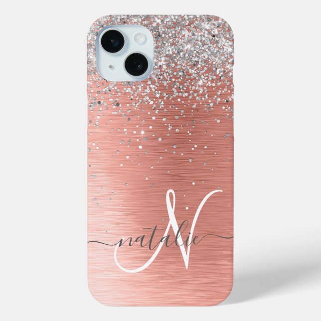 Rose Gold Brushed Metal Glitzer Monogram Name Case-Mate iPhone Hülle (Rückseite)