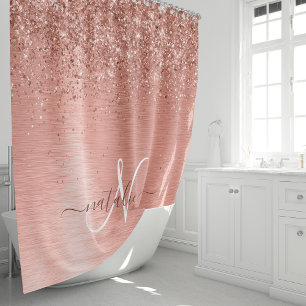 Rose Gold Brushed Metal Glitzer Monogram Name Duschvorhang