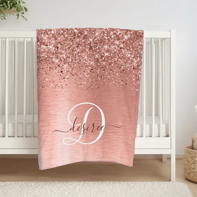 Rose Gold Brushed Metal Glitzer Monogram Name Fleecedecke (Von Creator hochgeladen)