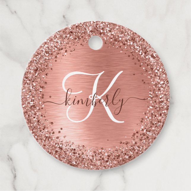 Rose Gold Brushed Metal Glitzer Monogram Name Geschenkanhänger (Vorderseite)
