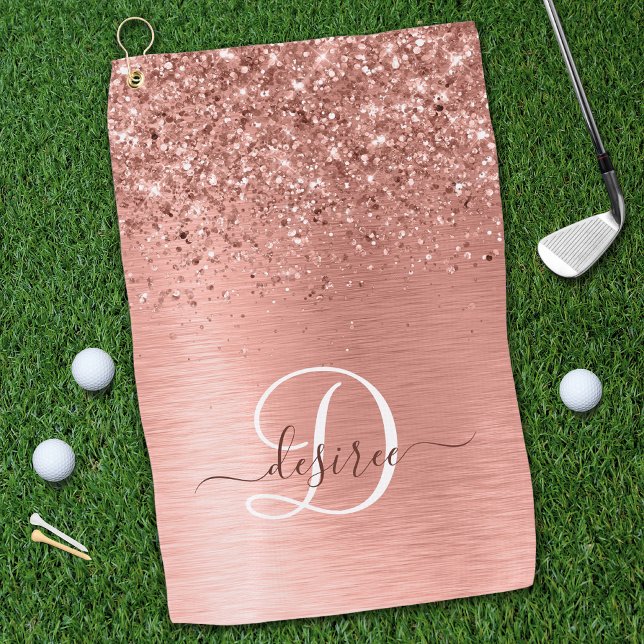 Rose Gold Brushed Metal Glitzer Monogram Name Golfhandtuch (Von Creator hochgeladen)