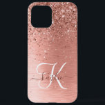 Rose Gold Brushed Metal Glitzer Monogram Name iPhone 12 Pro Max Hülle<br><div class="desc">Dieses schicke Gehäuse mit hübschem vergoldeten Glitzer aus Rose auf einer Rose mit goldgebürstetem metallischem Hintergrund ist einfach zu personalisieren.</div>
