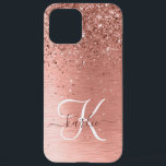 Rose Gold Brushed Metal Glitzer Monogram Name iPhone 12 Pro Max Hülle<br><div class="desc">Dieses schicke Gehäuse mit hübschem vergoldeten Glitzer aus Rose auf einer Rose mit goldgebürstetem metallischem Hintergrund ist einfach zu personalisieren.</div>