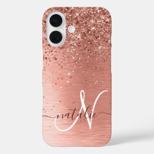 Rose Gold Brushed Metal Glitzer Monogram Name iPhone 16 Hülle