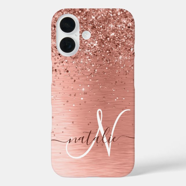 Rose Gold Brushed Metal Glitzer Monogram Name iPhone 16 Hülle (Rückseite)