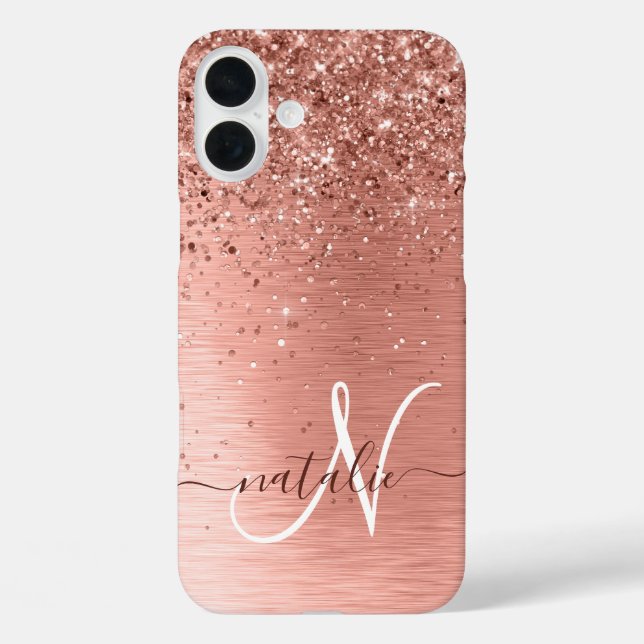 Rose Gold Brushed Metal Glitzer Monogram Name iPhone 16 Plus Hülle (Rückseite)