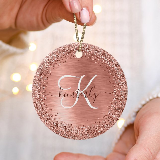 Rose Gold Brushed Metal Glitzer Monogram Name Keramik Ornament (Von Creator hochgeladen)