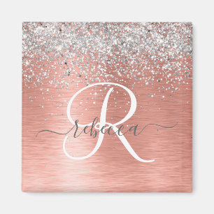 Rose Gold Brushed Metal Glitzer Monogram Name Magnet