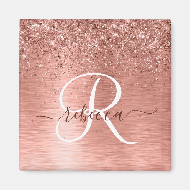 Rose Gold Brushed Metal Glitzer Monogram Name Magnet (Vorne)