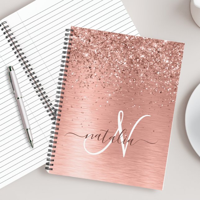 Rose Gold Brushed Metal Glitzer Monogram Name Notizbuch (Von Creator hochgeladen)