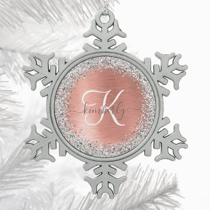 Rose Gold Brushed Metal Glitzer Monogram Name Schneeflocken Zinn-Ornament