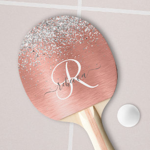 Rose Gold Brushed Metal Glitzer Monogram Name Tischtennis Schläger