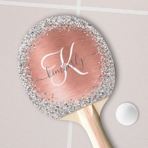 Rose Gold Brushed Metal Glitzer Monogram Name Tischtennis Schläger