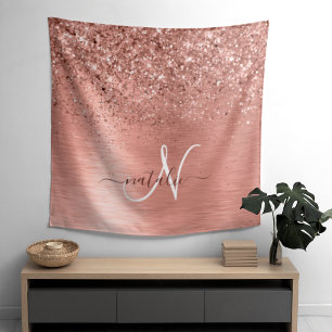 Rose Gold Brushed Metal Glitzer Monogram Name Wandteppich