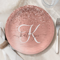Rose Gold Brushed Metal Glitzer Monogramm Name Pap