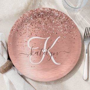 Rose Gold Brushed Metal Glitzer Monogramm Name Pap Pappteller