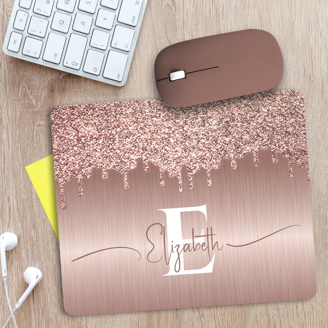 Rose Gold Brushed Metal Glitzer Tropfen Mit Monogr Mousepad (Von Creator hochgeladen)