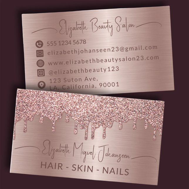 Rose Gold Brushed Metal Glitzer Tropfen Schönheits Visitenkarte (Von Creator hochgeladen)