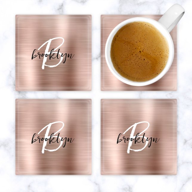 Rose Gold Brushed Metal Script Monogram Glasuntersetzer (Von Creator hochgeladen)