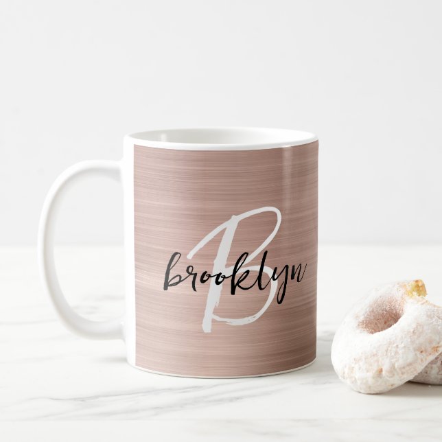 Rose Gold Brushed Metal Script Monogram Kaffeetasse (Mit Donut)