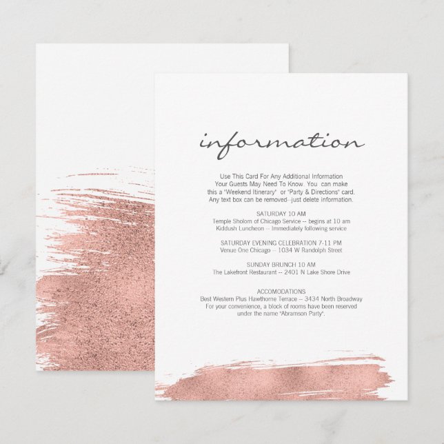 Rose Gold Brushstroke Bat Mitzvah Information Card Einladung (Vorne/Hinten)