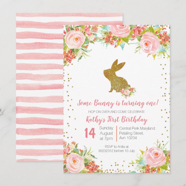 Rose Gold Bunny 1. Geburtstag Blumenladen Einladung (Vorne/Hinten)