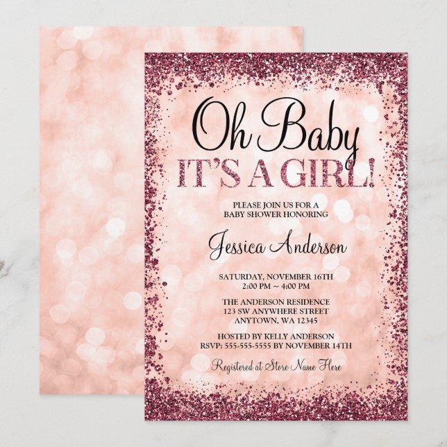 Rose Gold Burgund Glitzer Lights Girl Babydusche Einladung (Vorne/Hinten)