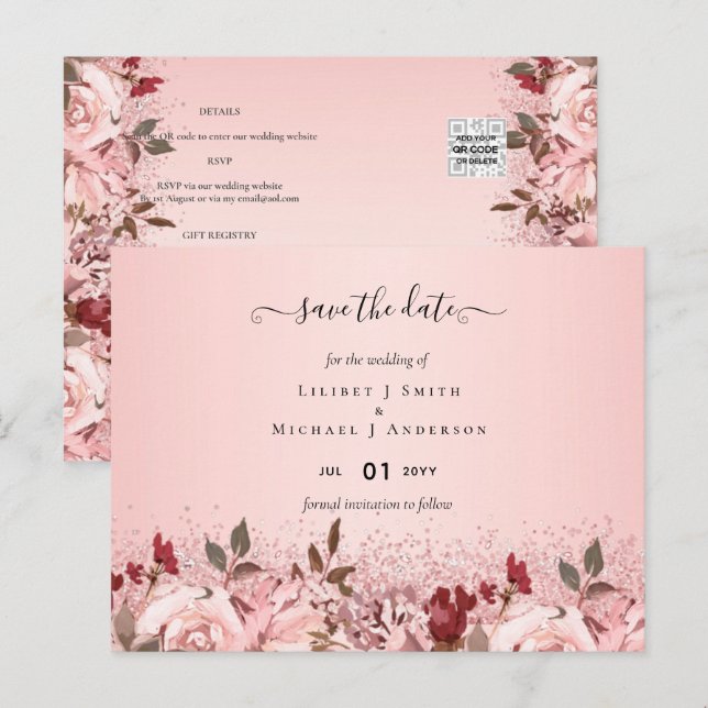 Rose Gold Burgundy Pink Floral Wedding Postkarte (Vorne/Hinten)