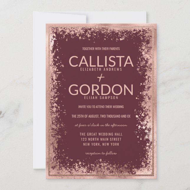 Rose Gold Burgundy Spritzer Glitzer Border Wedding Einladung (Vorderseite)
