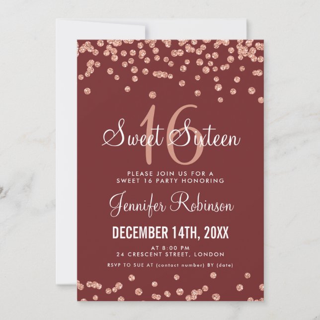 Rose Gold Burgundy Sweet 16 Glitzer Confetti Einladung (Vorderseite)