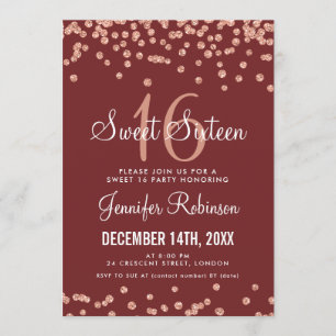 Rose Gold Burgundy Sweet 16 Glitzer Confetti Einladung