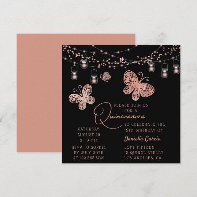 Rose Gold Butterfly Chic Moderne Quinceñera Einladung (Vorne/Hinten)