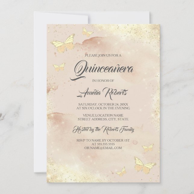 Rose Gold Butterfly Kleid Quinceanera Einladung (Vorderseite)